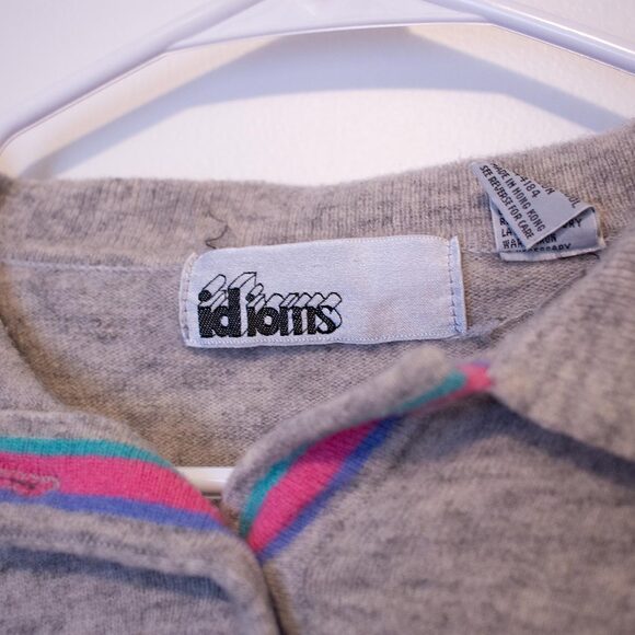 Preppy VTG L Idioms Sweater Lambswool Grey Colorblock 90s Henley | Bright Winter - Picture 6 of 8